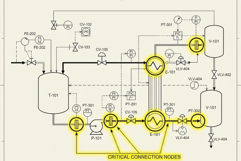 Piping and Instrumentation Diagram highlighting critical connection nodes