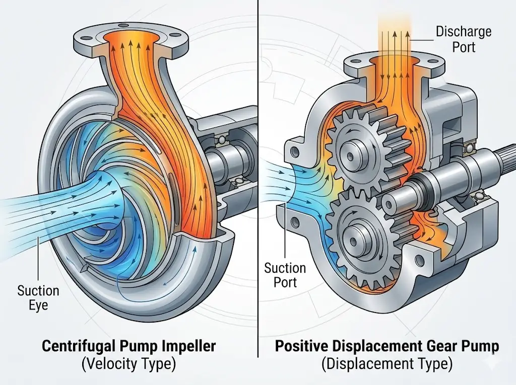 Internal fluid dynamics cross-section comparing a centrifugal pump impeller and a positive displacement gear pump