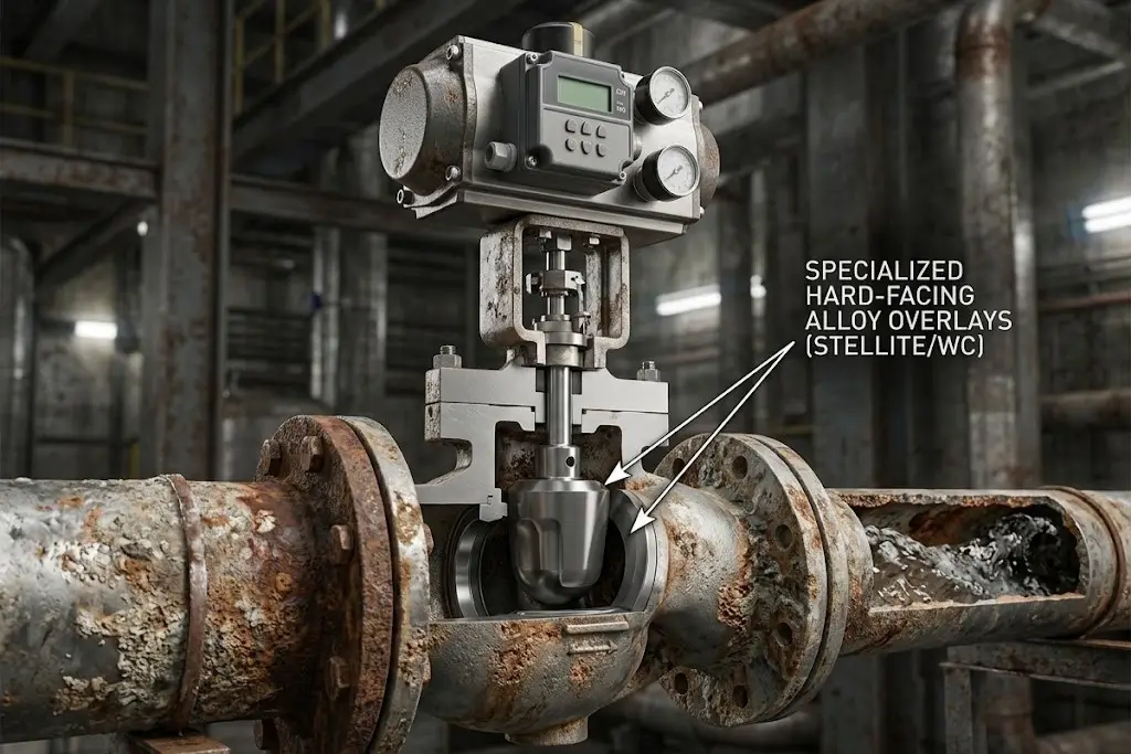 A high-precision 3D rendering showing an automated control valve with specialized hard-facing alloy overlays in a corrosive pipeline