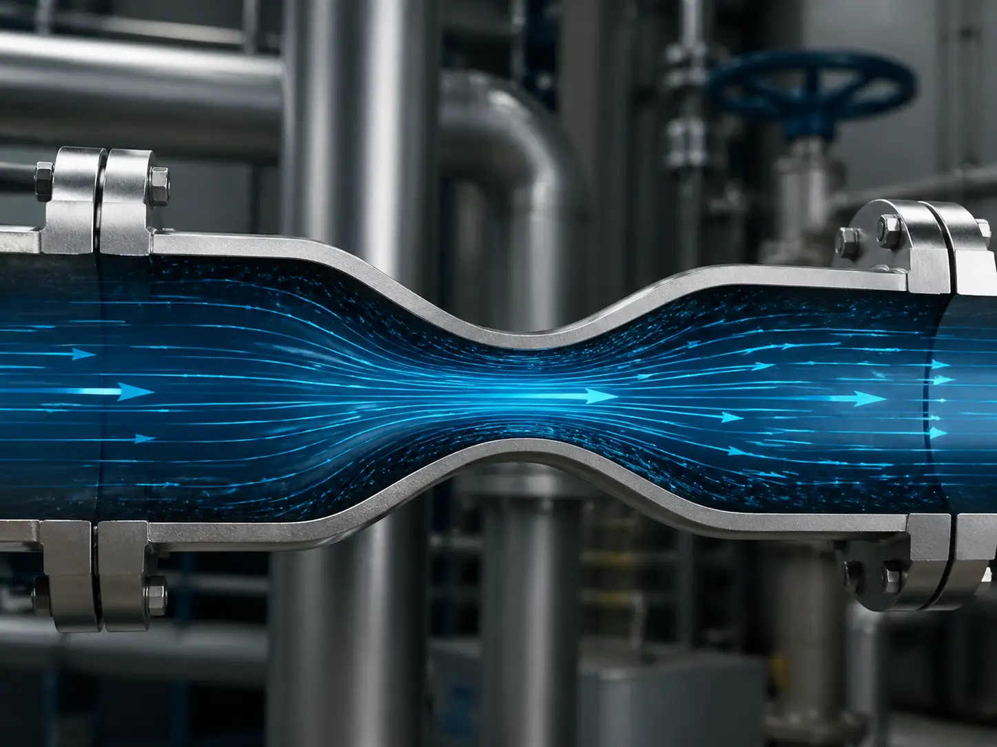 Photorealistic fluid dynamics and Venturi effect inside an industrial pipe