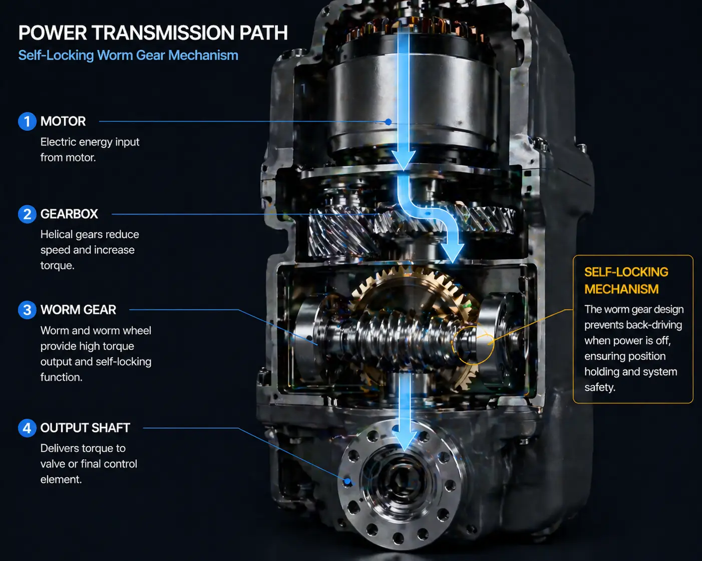 3D Power Transmission Path showing self-locking worm gear