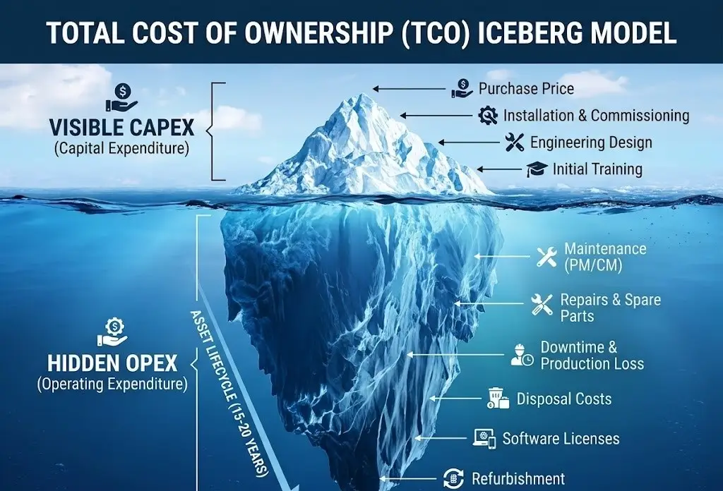 TCO冰山模型:展示可见的资本支出(CapEx)和隐性的运营支出(OPEX)成本