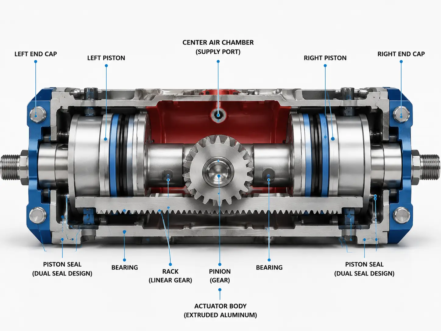 Cross-section of a pneumatic rack and pinion actuator showing opposed piston design