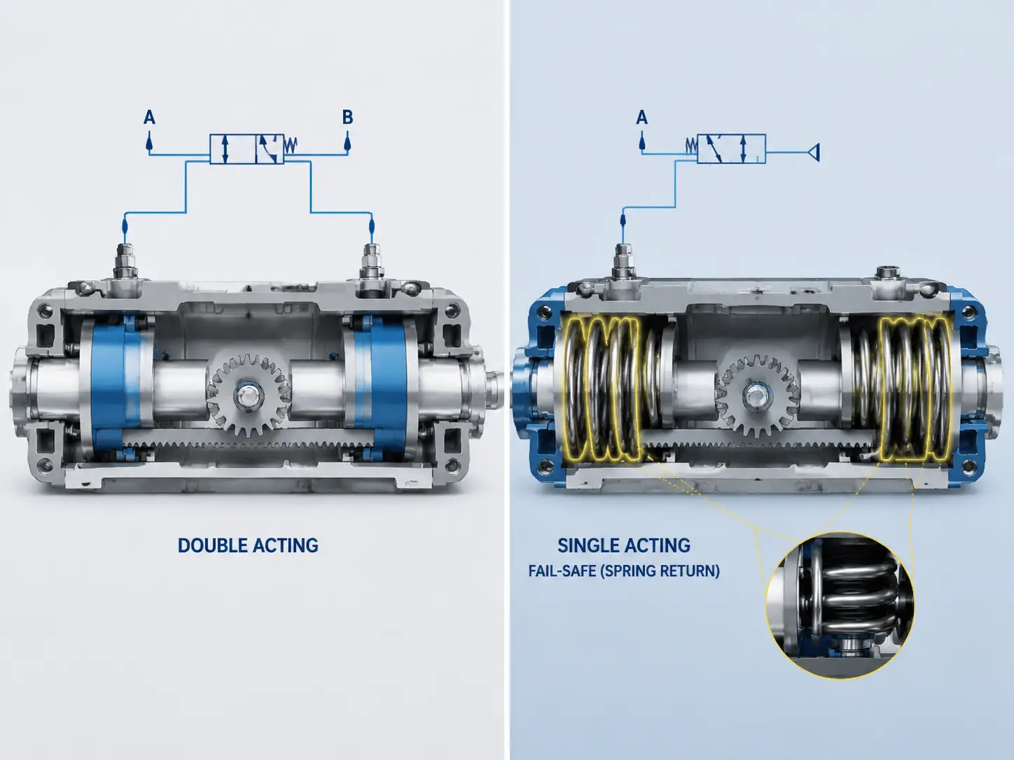 Comparison diagram of double acting vs spring return single acting pneumatic actuators