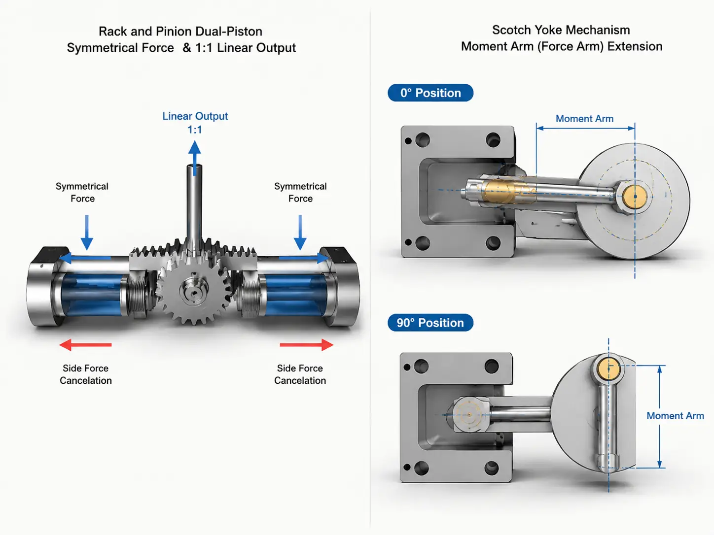 Rack and Pinion Symmetrical Force vs Scotch Yoke Moment Arm Extension