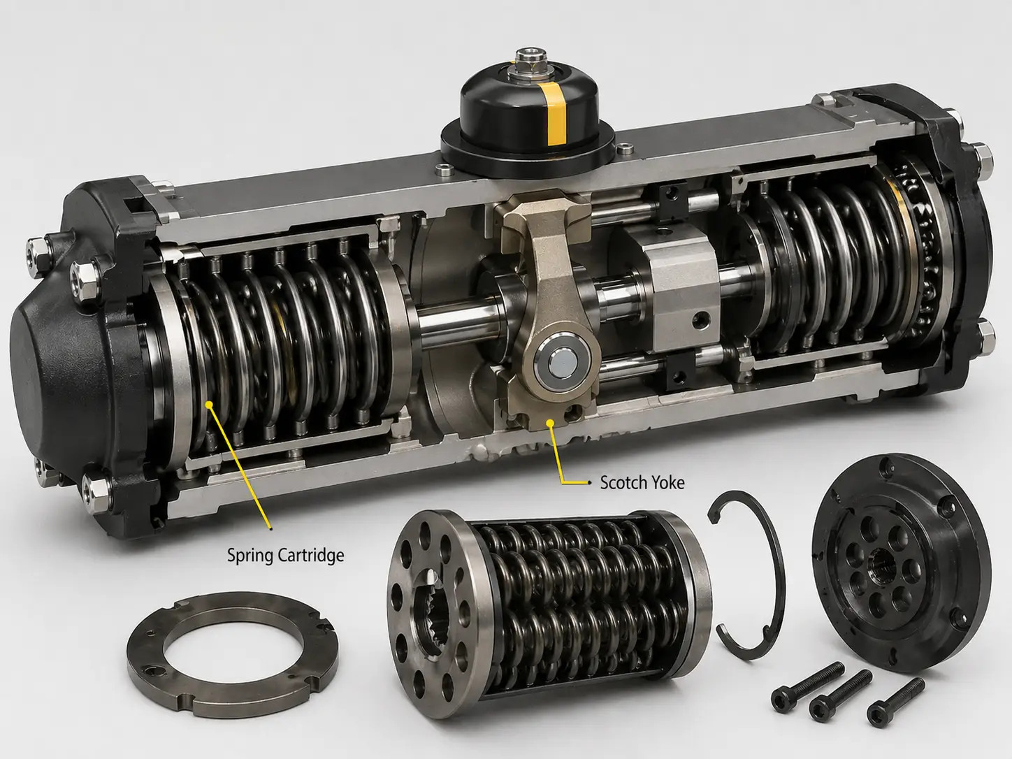 Cross-section of a Spring Return actuator showing the heavy-duty Spring Cartridge and safety containment features