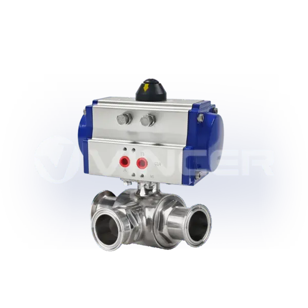 Pneumatic Sanitary Tri-Clamp 3-Way Ball Valve - VINCER