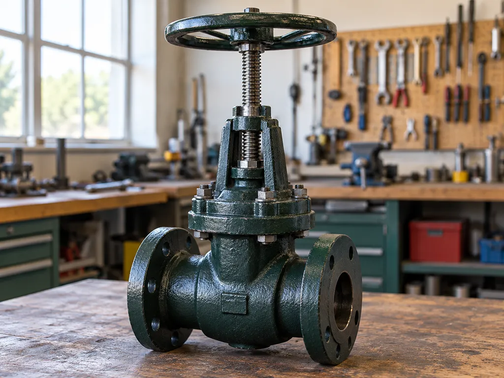 Close-up of a gate valve showing its tall narrow bolted bonnet and the rising stem extended above the handwheel with the valve part open.