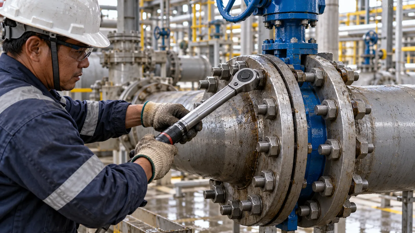 A fitter tightening flange stud bolts with a torque wrench on a butterfly valve flanged joint during butterfly valve installation