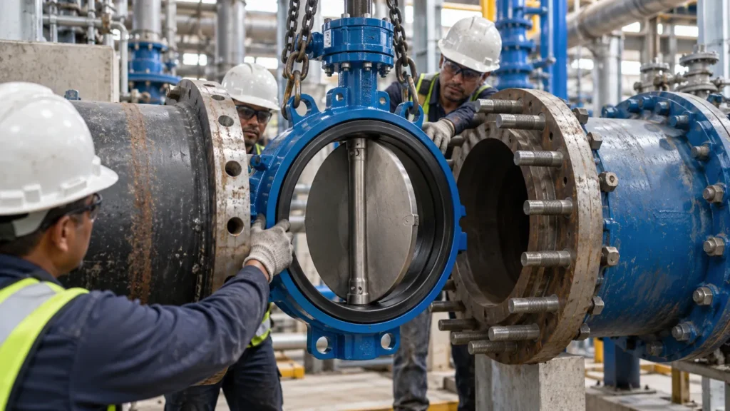 Workers lowering a wafer butterfly valve with its disc visible into the gap between two pipe flanges during a butterfly valve installation