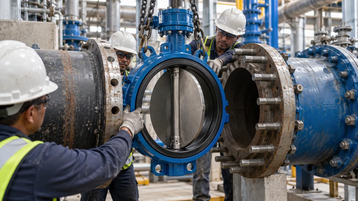 Workers lowering a wafer butterfly valve with its disc visible into the gap between two pipe flanges during a butterfly valve installation