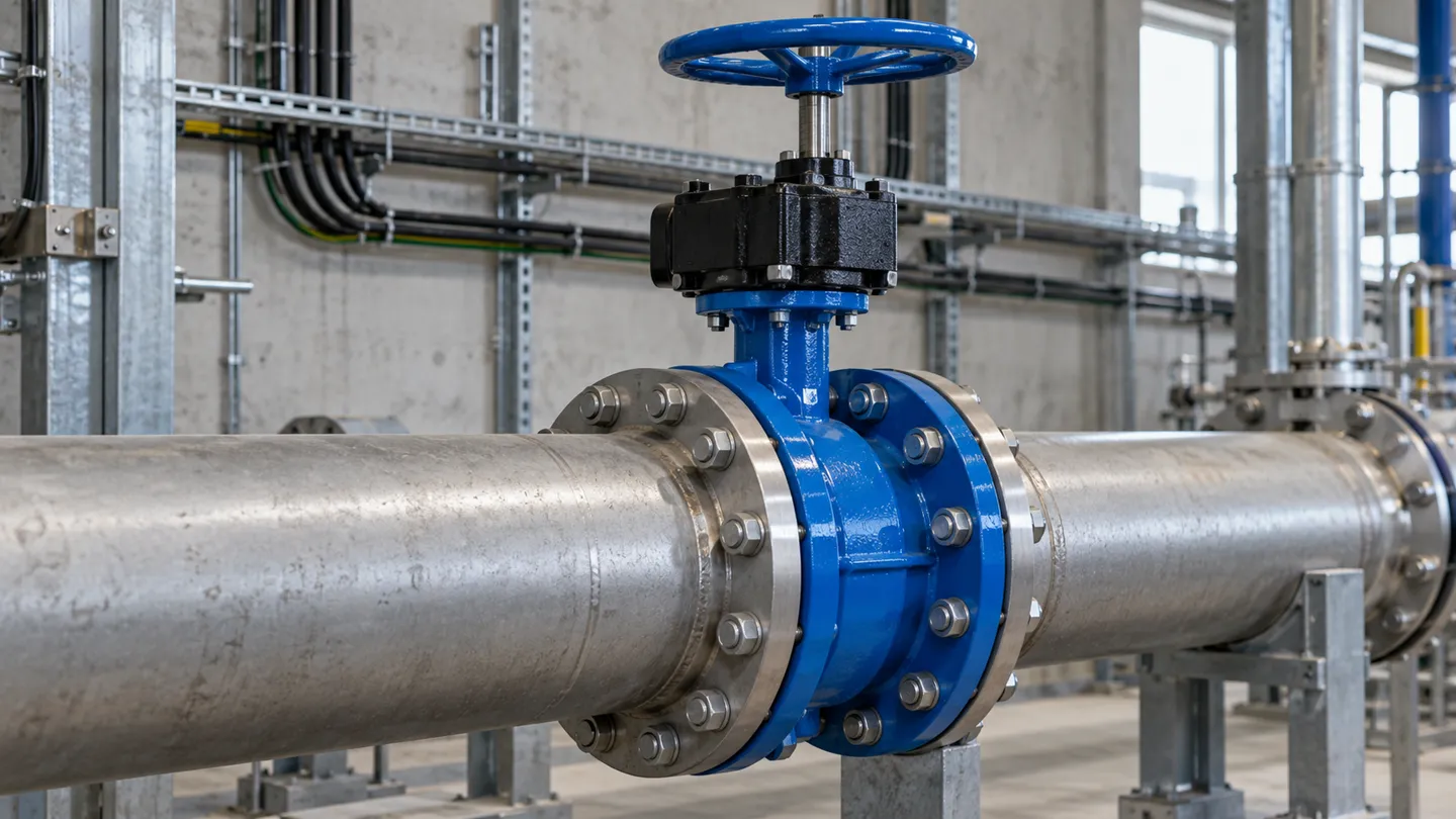 A butterfly valve with its gearbox actuator mounted upright and the stem vertical on a horizontal pipeline, the correct orientation for butterfly valve installation