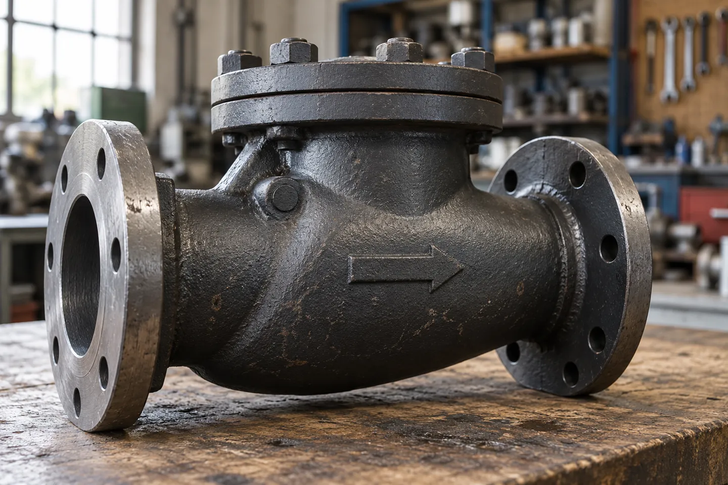 Industrielles Flanschrückschlagventil auf einer Werkbank, auf dem der in das Gehäuse eingegossene erhabene Durchflussrichtungspfeil sowie die Markierung zu sehen sind, die die Durchflussrichtung des Rückschlagventils vor dem Einbau festlegt