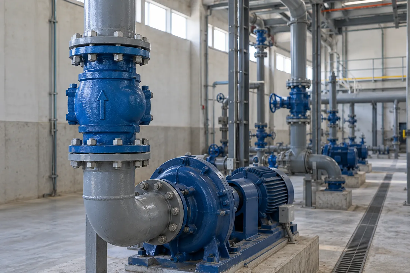 Vertikale, nach oben führende Pumpenauslassleitung in einer industriellen Pumpstation, mit einem im Steigrohr eingebauten Flanschrückschlagventil, dessen Durchflusspfeil nach oben zeigt