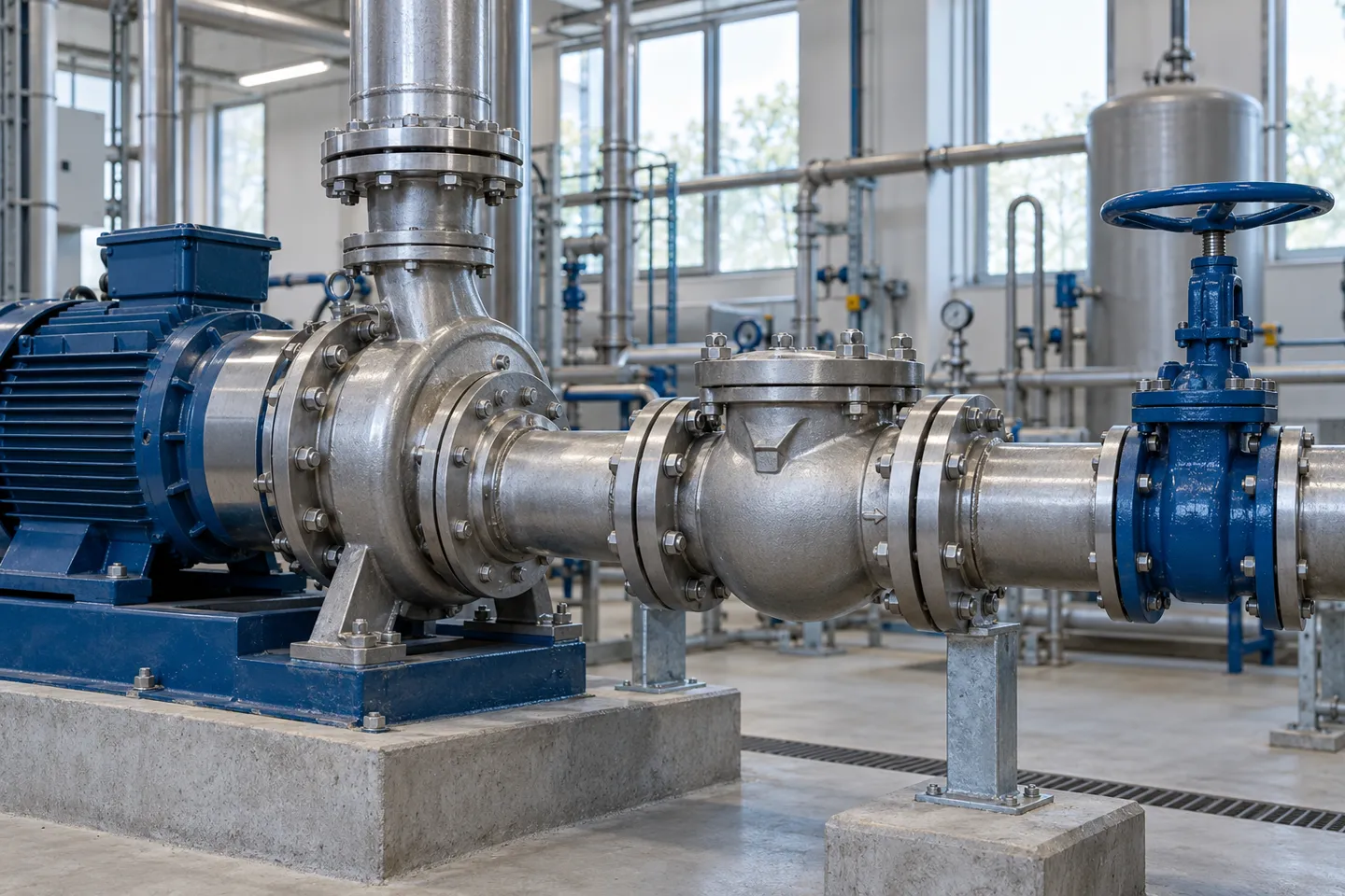 Ein Flanschrückschlagventil, das an der Druckleitung einer industriellen Druckerhöhungspumpe installiert ist – die klassische Position für den korrekten Einbau eines Rückschlagventils.