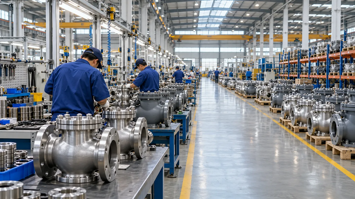 Rijen flensafsluiters die langs de assemblagestations worden getransporteerd in een fabriek waar afsluiters worden geproduceerd, met werknemers in blauwe uniformen, waar door rechtstreeks in te kopen de tussenhandelaar uit de prijs van de terugslagklep wordt geëlimineerd