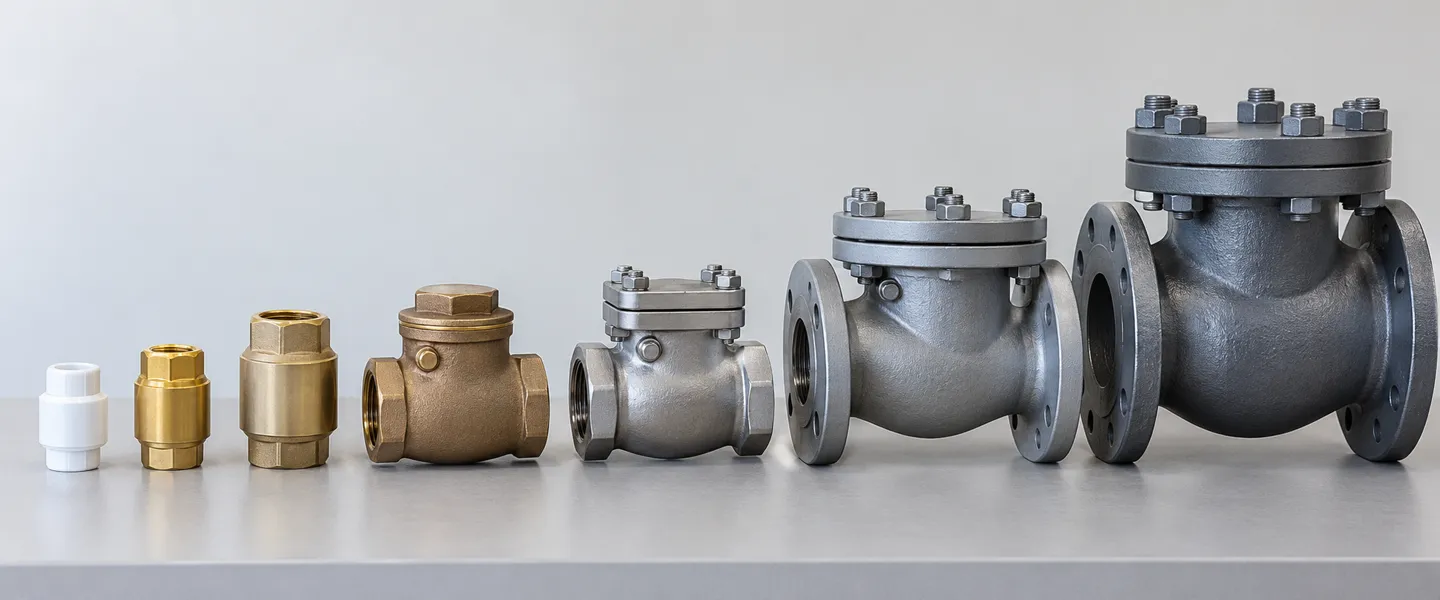 Een assortiment terugslagkleppen, variërend van een kleine witte PVC-terugslagklep met veer tot grote industriële kleppen van gietstaal met flenzen, waaruit blijkt waarom de prijs van terugslagkleppen varieert van ongeveer tien dollar in de detailhandel tot meer dan vierduizend dollar bij speciaal ontworpen modellen met flenzen