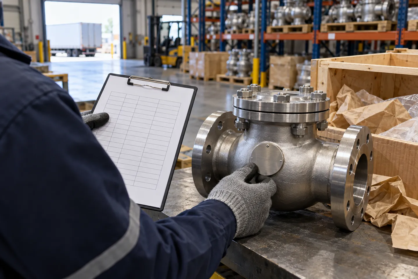 Een keurmeester met werkhandschoenen aan die op een werkbank in het magazijn een klembord met een fabrieksrapport vergelijkt met het ronde typeplaatje van een roestvrijstalen terugslagklep met flens – de controle die ervoor zorgt dat de prijs van de terugslagklep waarvoor u akkoord bent gegaan, gewaarborgd blijft