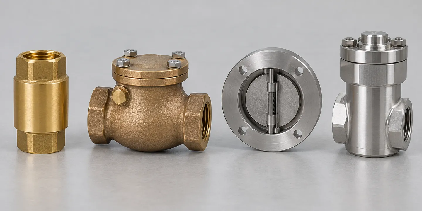 Vier soorten terugslagkleppen naast elkaar op een werkbank: een messing inline-terugslagklep met veer, een bronzen terugslagklep met scharnier en een vastgeschroefde kap, een dunne wafer-terugslagklep met dubbele plaat, en een roestvrijstalen terugslagklep met zuigerheffing; de ladder die de prijs van terugslagkleppen bepaalt op basis van hun sluitgedrag