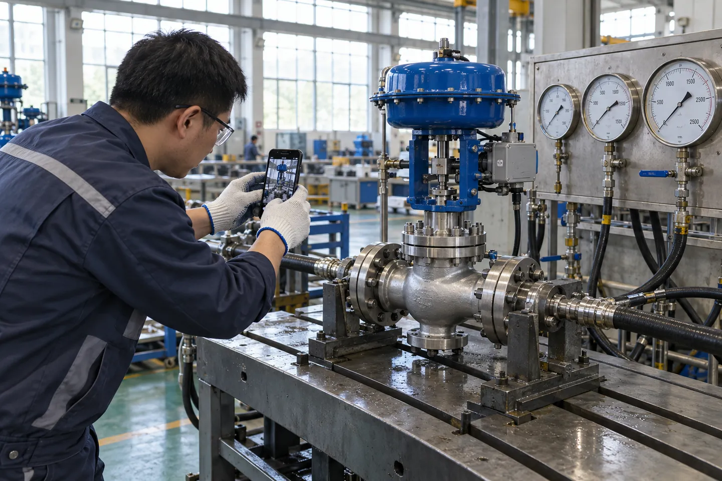 Un tecnico di stabilimento mentre fotografa una valvola di controllo pneumatica a sfera durante una prova di pressione, accanto a manometri tarati: la prova documentata che dimostra cosa comprende effettivamente il prezzo di una valvola di controllo.