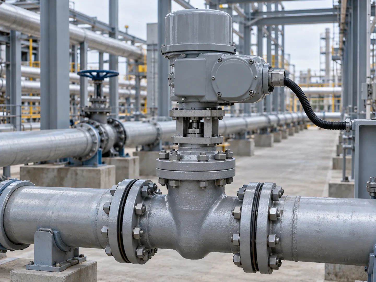 A multi-turn electric actuator bolted to a gate valve through a standardized mounting flange on a plant pipeline, ready for automated operation.