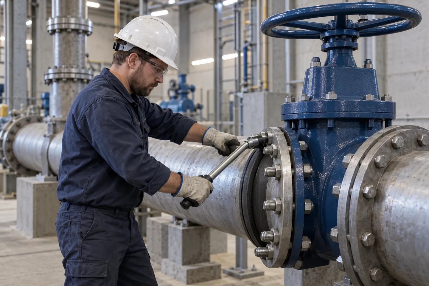 A pipefitter tightens the stud bolts of a large flanged gate valve joint with a torque wrench, working around the flange in an even cross pattern.