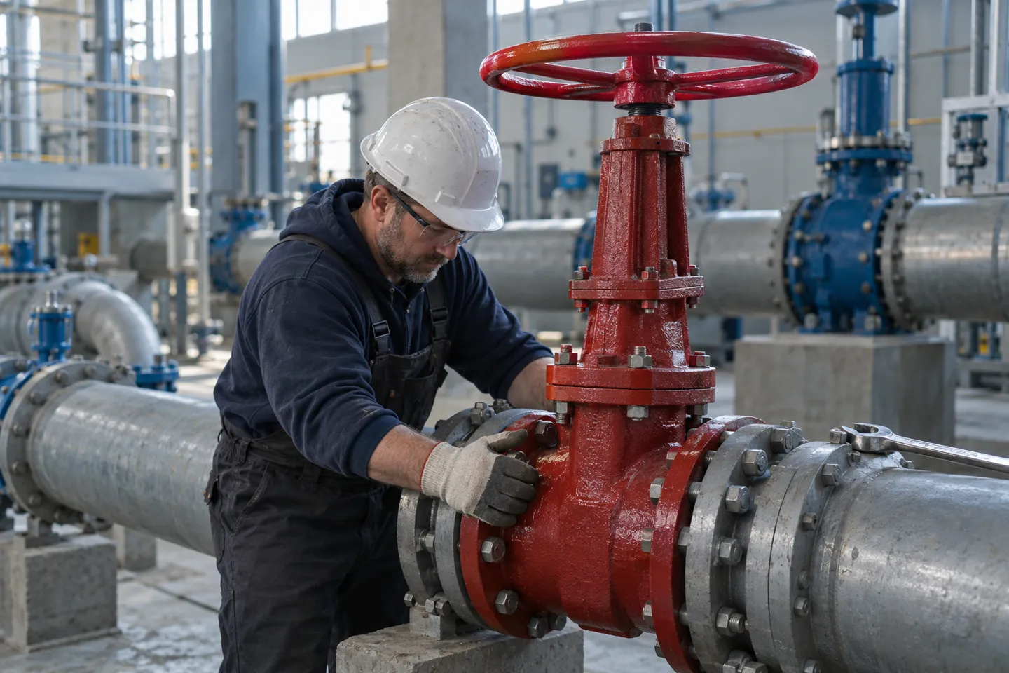A technician bolting a new gate valve with a red handwheel into a flanged pipeline during a gate valve installation in an industrial plant.