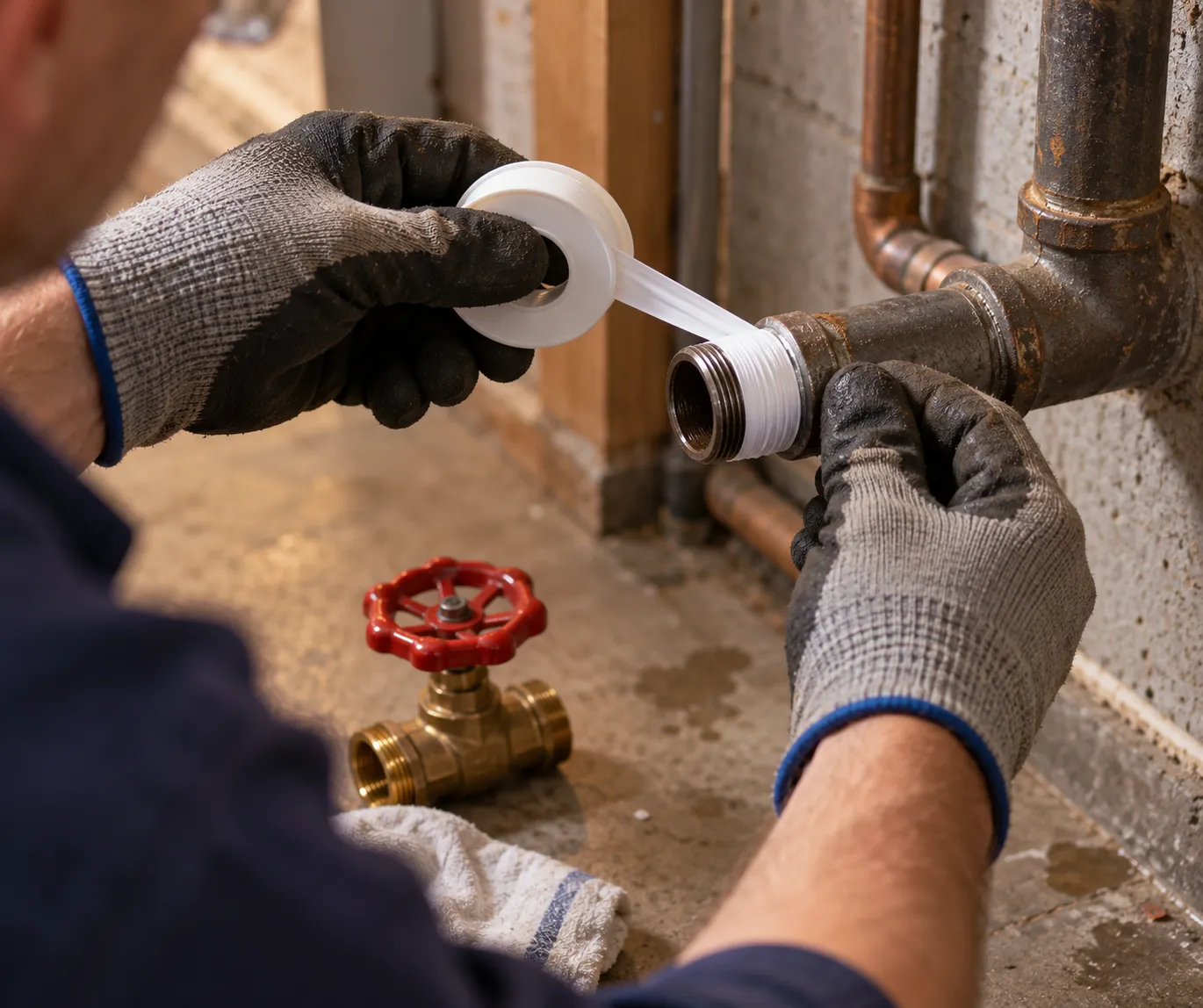 A plumber wraps white PTFE thread seal tape around male pipe threads before threading a brass gate valve into a home water line.