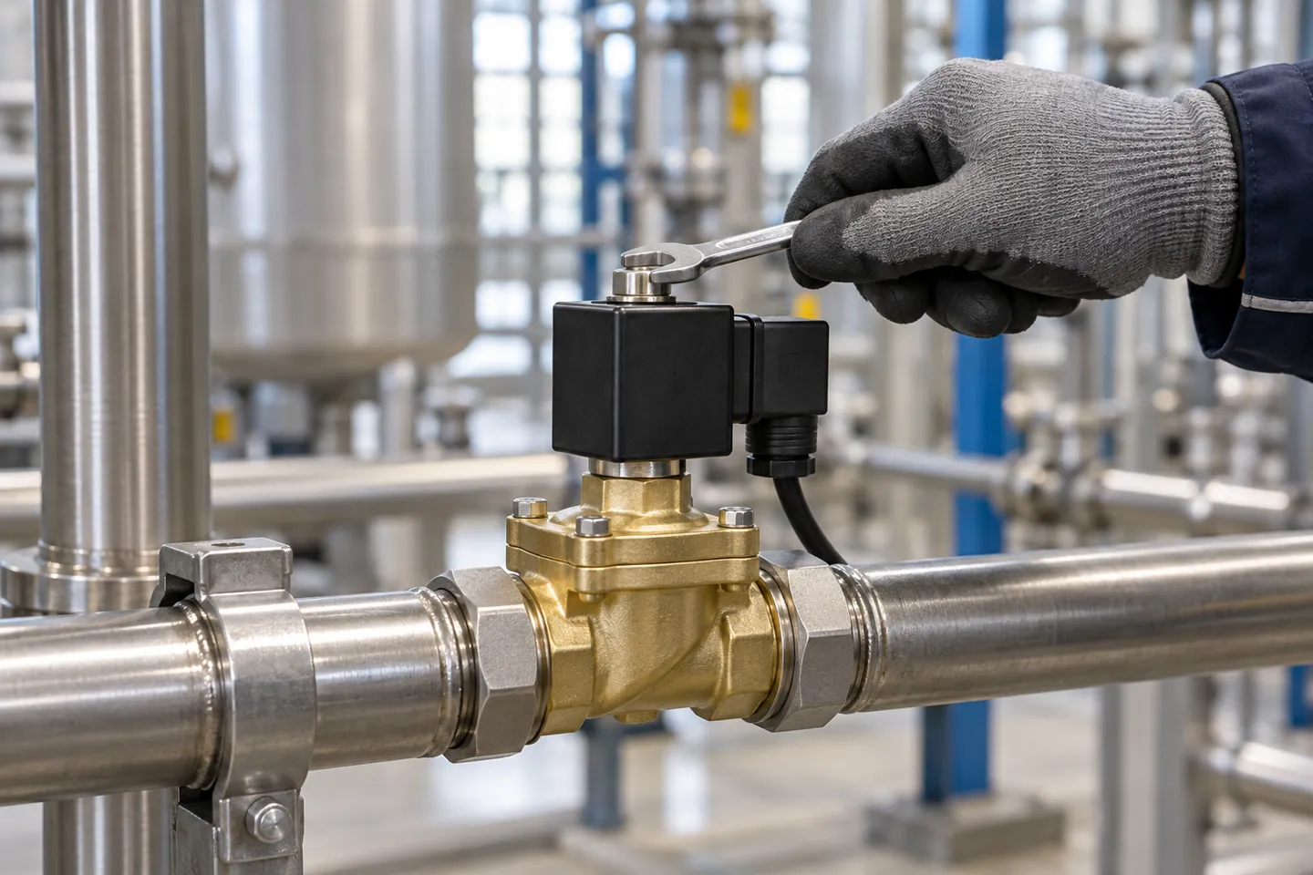 A solenoid valve mounted with its black coil housing upright on a horizontal pipe while a small wrench snugs the coil nut, the default orientation for a solenoid valve installation on dirty media