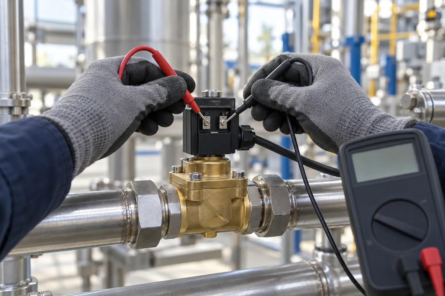 A technician measures coil voltage at the terminal screws of an installed brass solenoid valve with a digital multimeter during the first power-up check of a solenoid valve installation