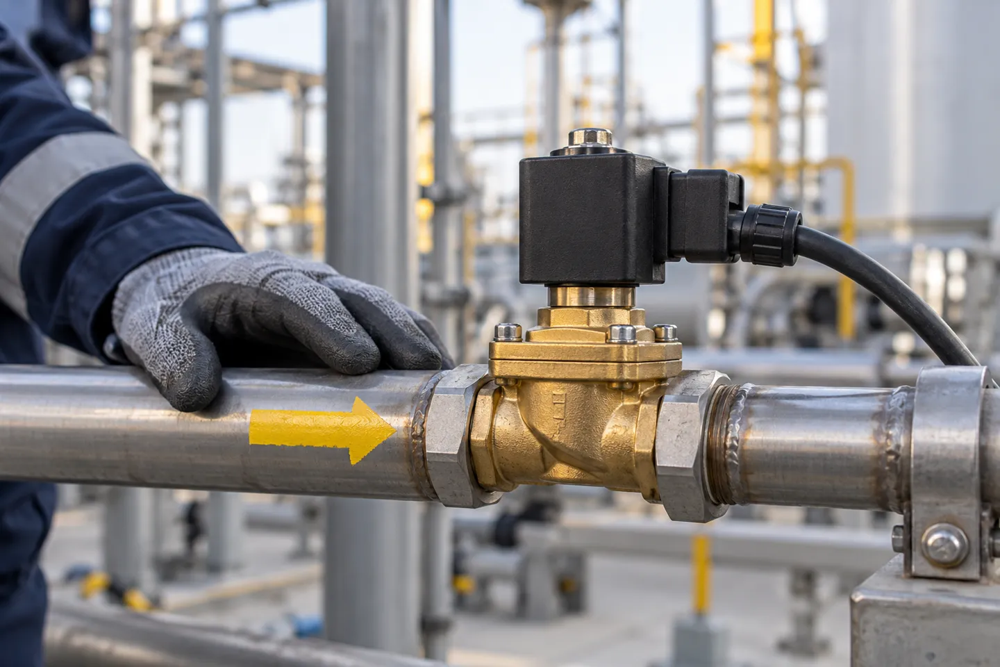 A yellow flow direction arrow painted on the pipe beside an installed brass solenoid valve with an upright black coil, the arrow check every solenoid valve installation needs before the joints are committed