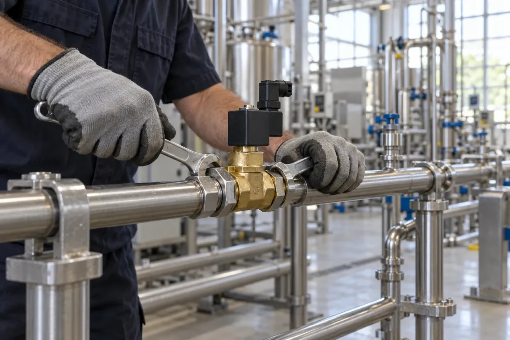 A technician tightens a brass solenoid valve into a stainless steel process line with two wrenches, the black coil housing upright, the central hands-on step of any solenoid valve installation