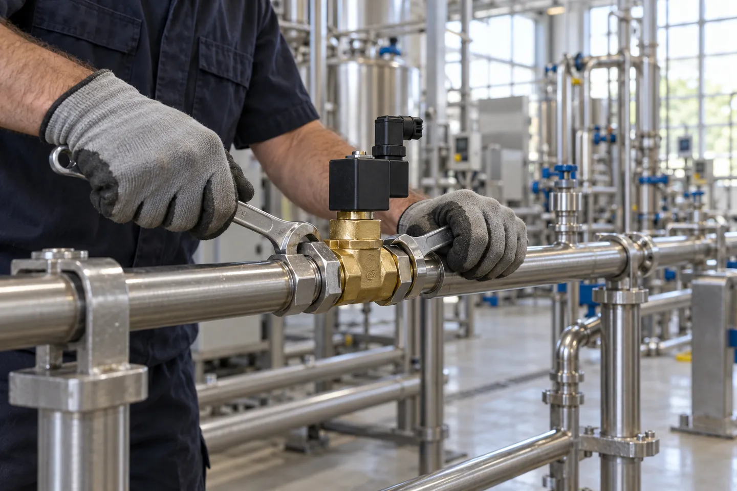 A technician tightens a brass solenoid valve into a stainless steel process line with two wrenches, the black coil housing upright, the central hands-on step of any solenoid valve installation